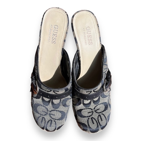Guess Logo Black/Brown Y2K stacked Platform Heel Slip On Mules w/ buckle accents - Picture 3 of 11